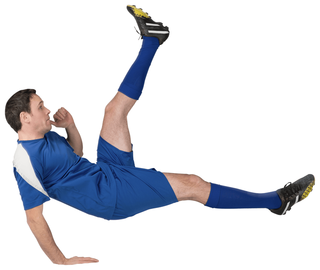 Football Player in Blue Kit Kicking Ball on Transparent Background