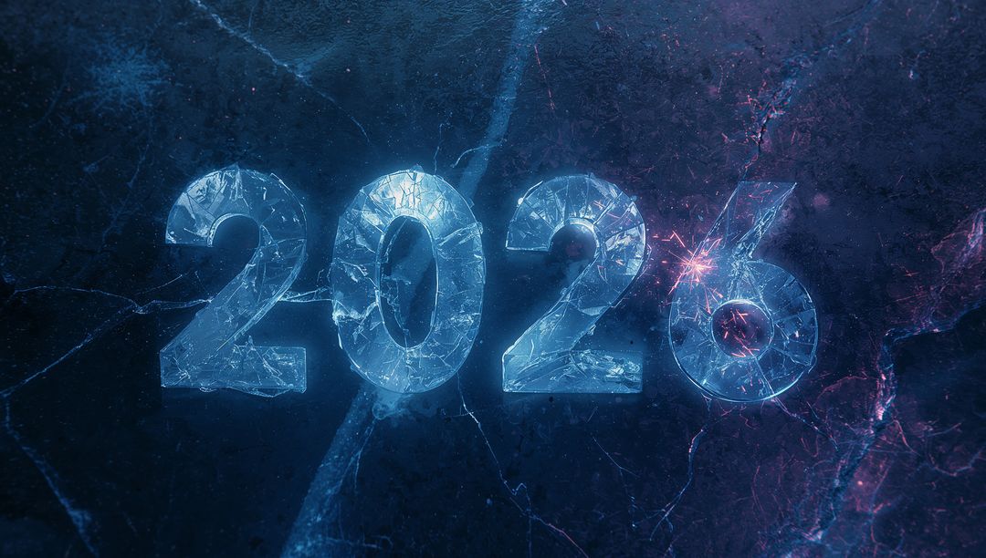 2026 ice numerals cracking on crystalline slab with blue neon glow and magenta sparks