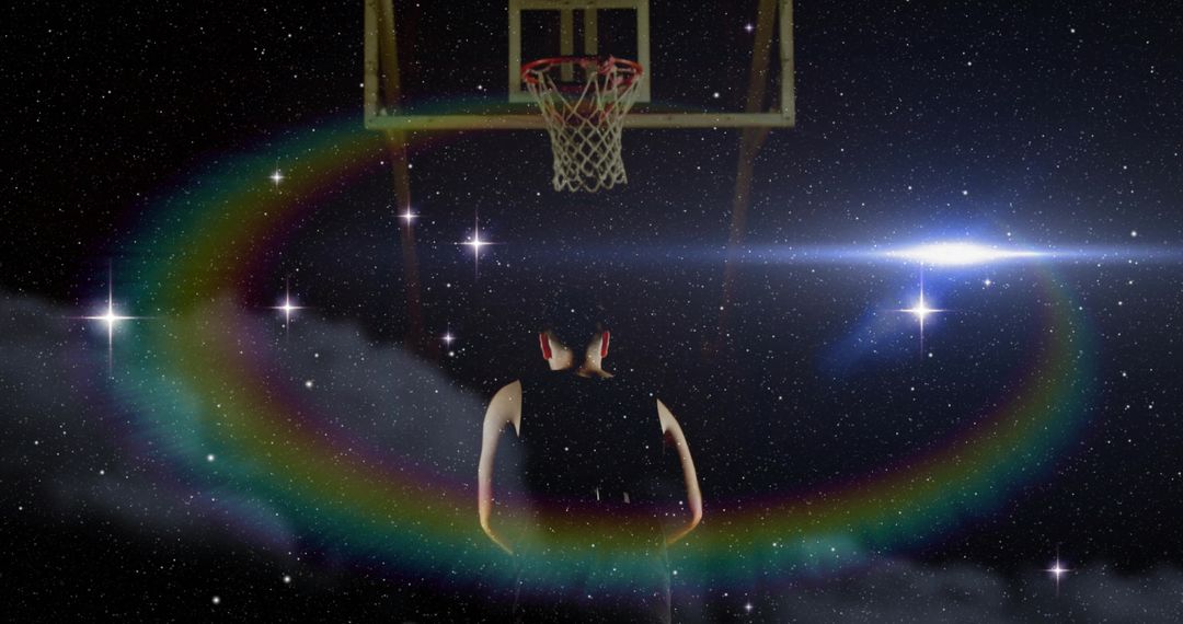 Man Gaze at Floating Basketball Hoop in Starry Nightscape