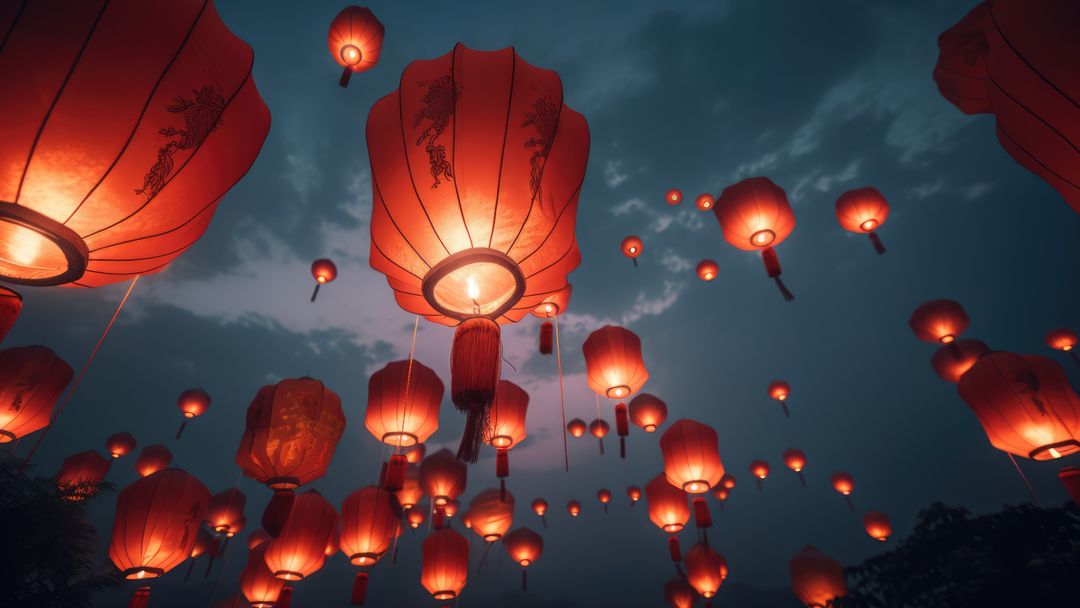 Red Lanterns Soaring in Evening Sky Celebrating Tradition
