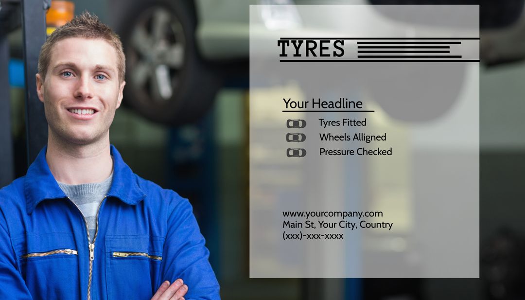 Confident Mechanic Promoting Automotive Services in Modern Workshop