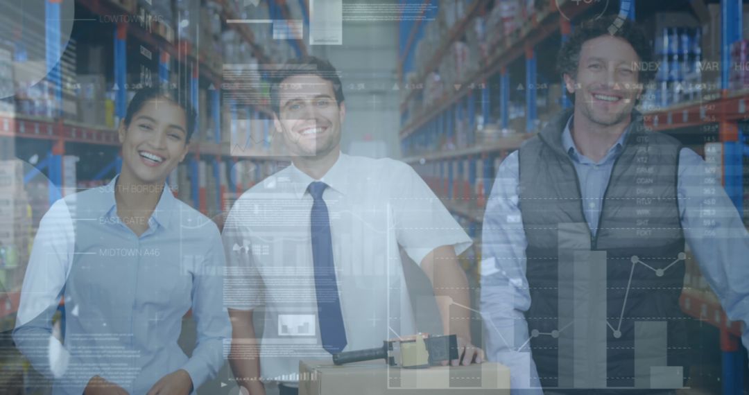 Warehouse Team Overlaid with Global Financial Data Visualization