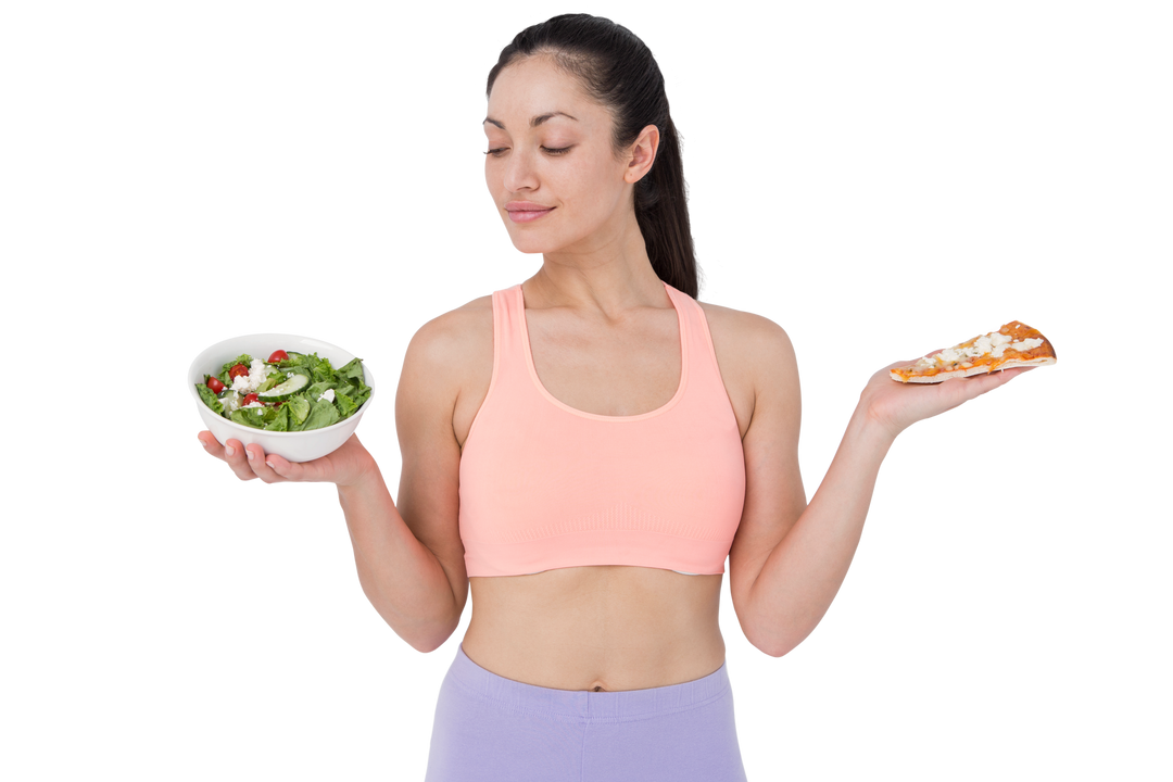 Healthy choice concept with woman holding salad and pizza showing options - Download Free Stock Images Pikwizard.com