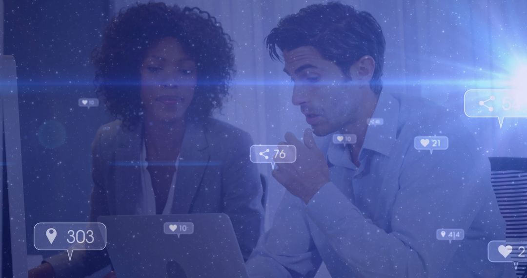 Colleagues Analyzing Social Media Engagement with Metrics Overlays