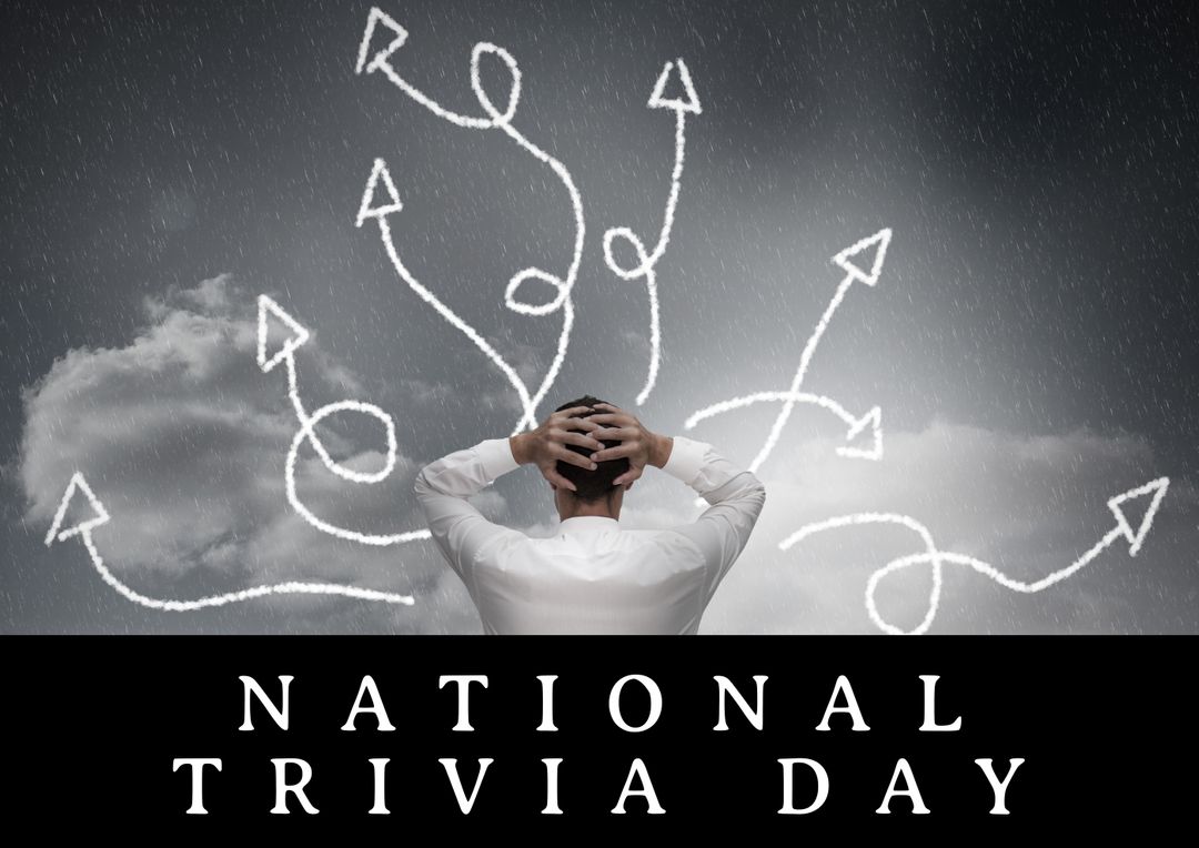 Composition of national trivia day text with arrow symbols over man against sky, copy space - Free Images, Stock Photos and Pictures on Pikwizard.com