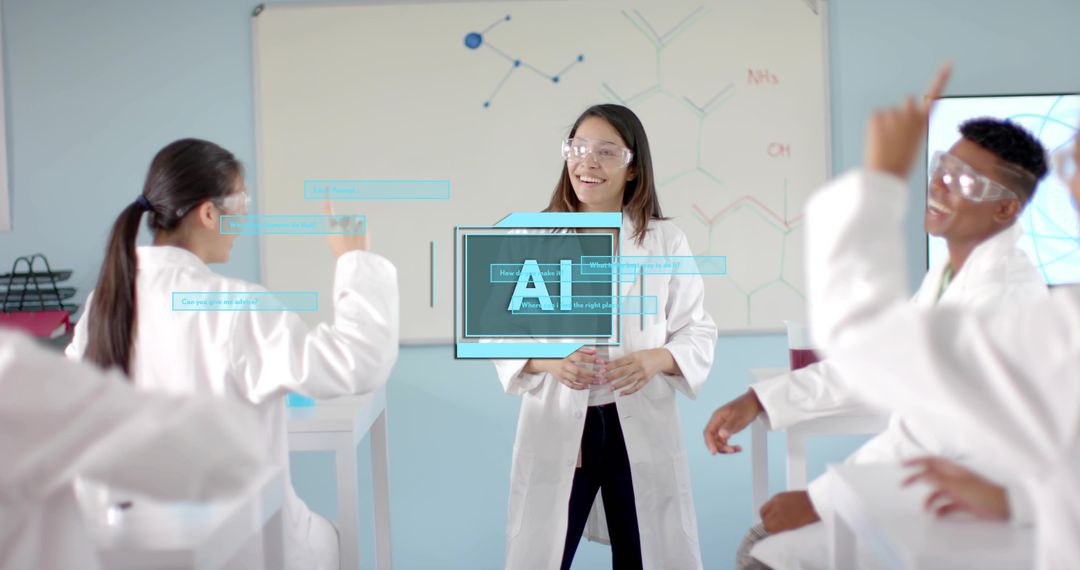 Female Teacher Leading AI-Powered STEM Lab While Students Collaborating in Safety Goggles