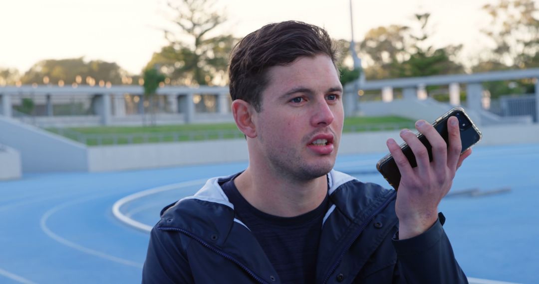 Young Man Using Smartphone Voice Command at Outdoor Sports Track - Free Images, Stock Photos and Pictures on Pikwizard.com