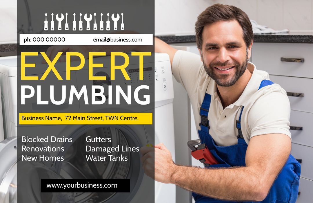 Smiling Plumber Advertising Expert Plumbing Services with a Guarantee of Quality - Download Free Stock Templates Pikwizard.com