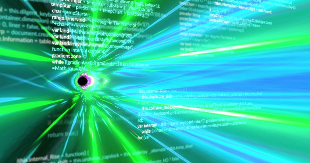 Data Stream and Code Overlay Surrounded by Green Light Trails