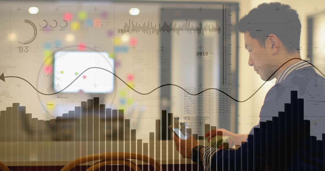 Asian Businessman Amidst Virtual Data and Technology Interface