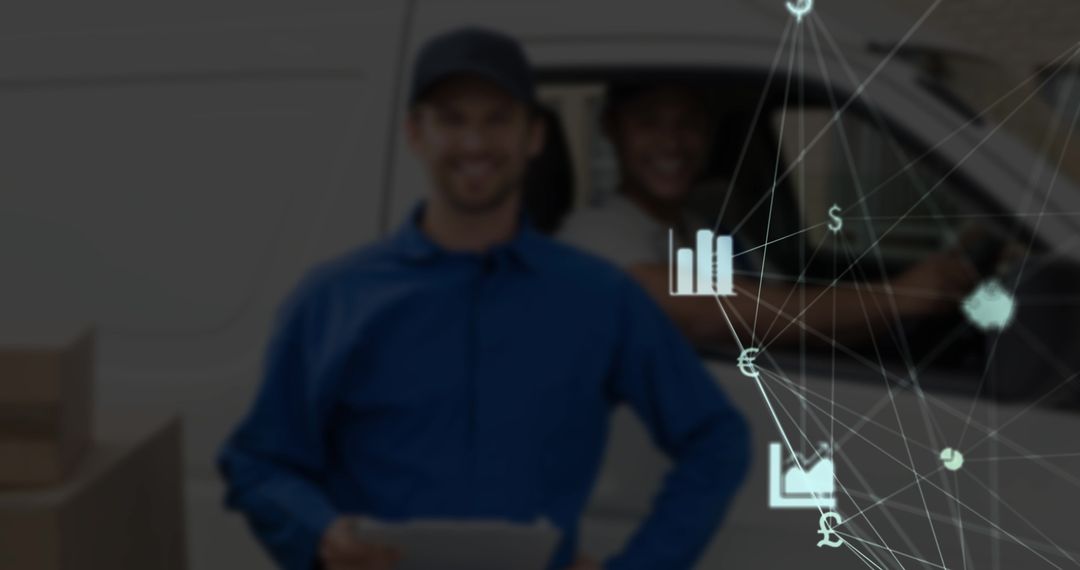 Caucasian Delivery Worker with Digital Graph and Network Icons