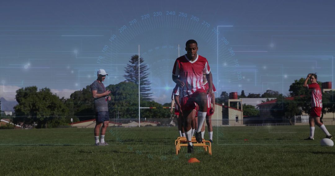Teen Soccer Player Jumping Hurdles on Sports Field with Digital Graphics