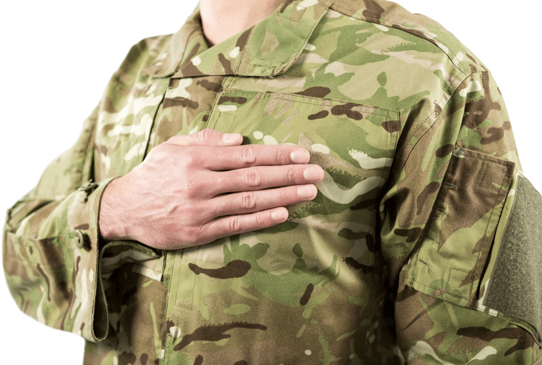 Soldier in Camouflage Uniform Taking Oath Hand on Heart Transparent