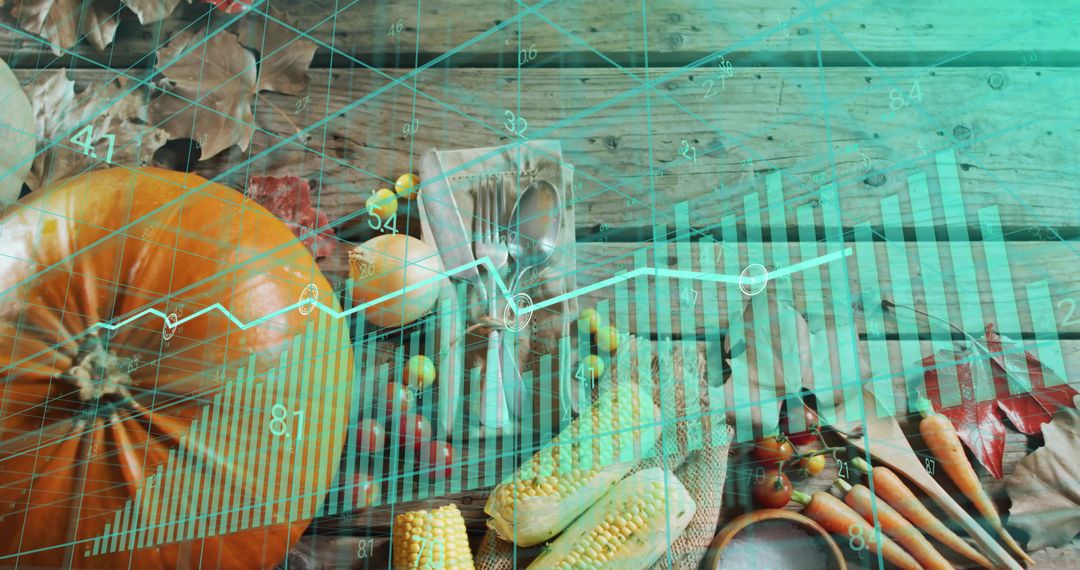 Autumn Harvest Table with Pumpkin, Corn, Carrots and Teal Data Graph Overlay for Market Analytics