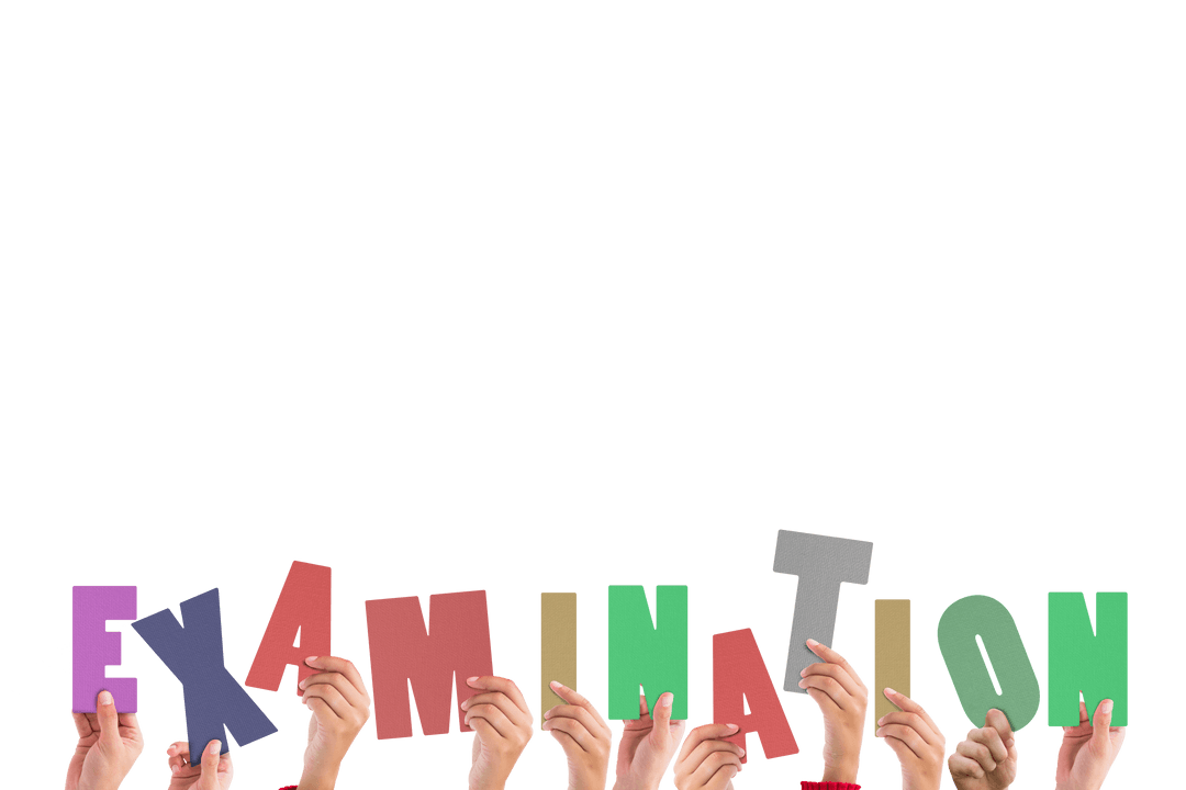 Transparent Examination Text Held by Diverse Hands on Isolated Background