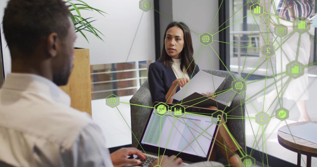 Business Professionals Collaborating with Technology Network Overlay