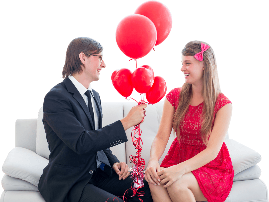 Geeky Couple Celebrating with Red Balloons on Couch Transparent Background