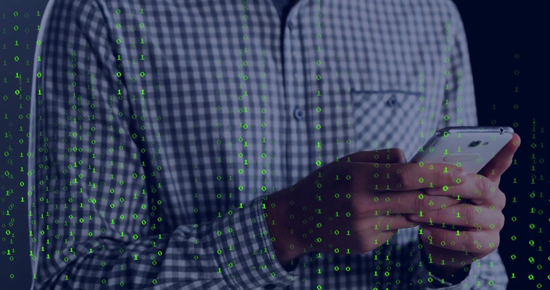 Tech Professional Using Smartphone Obscured by Binary Code