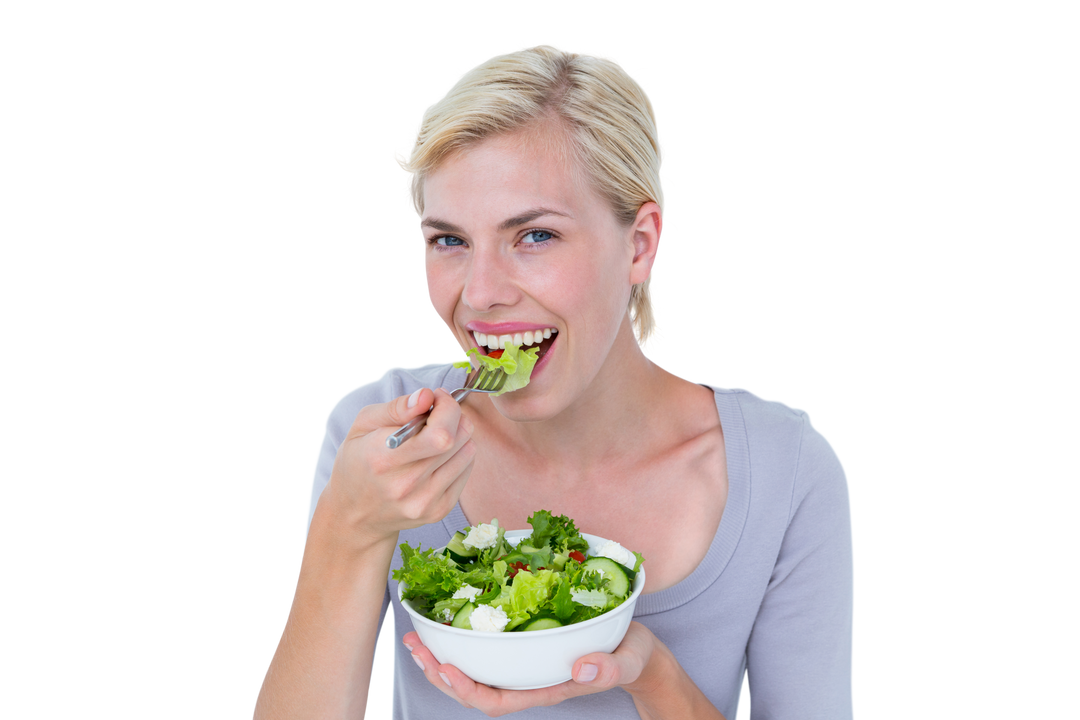 Smiling Blonde Woman Eating Healthy Salad on Transparent Background - Download Free Stock Images Pikwizard.com