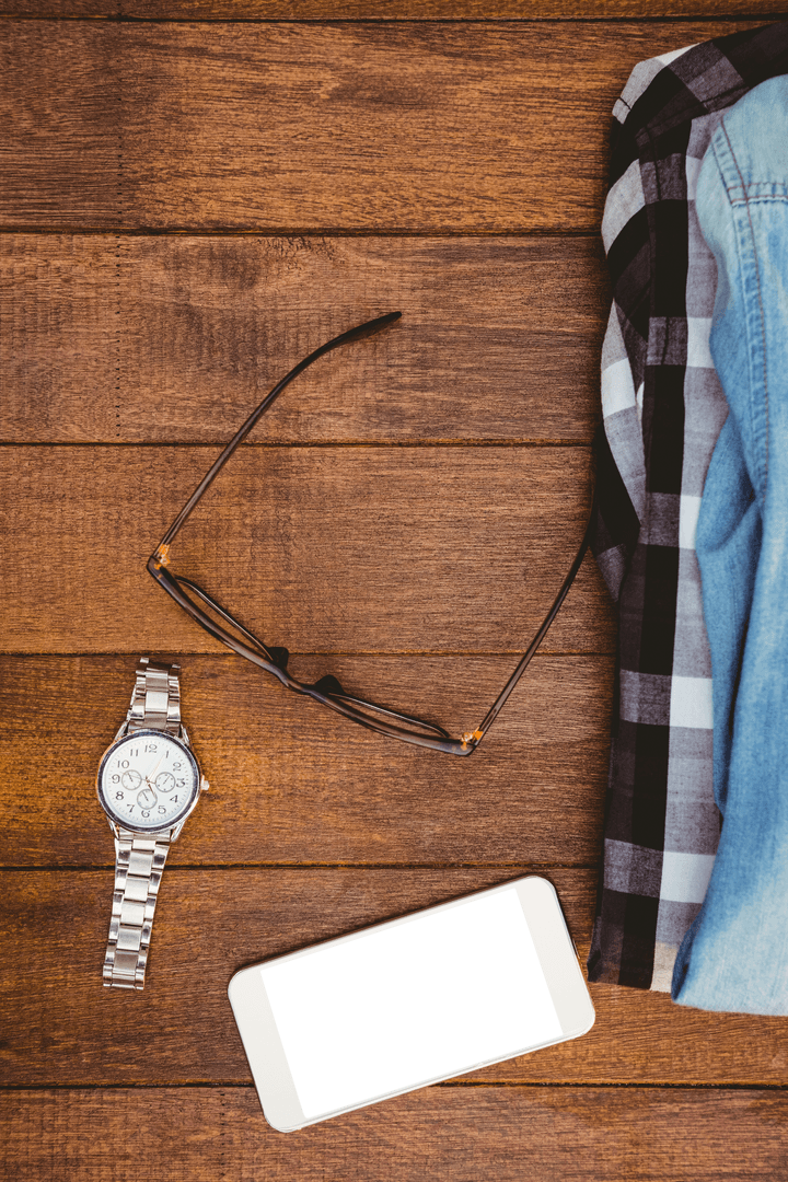 Transparent Display of Hipster Essentials on Wooden Background
