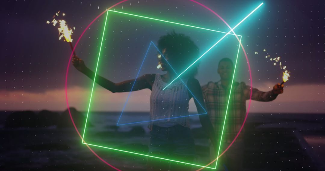 Couple Celebrating with Sparklers at Beach and Digital Overlay Animation