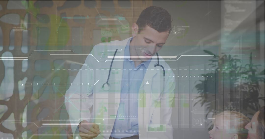 Caucasian Doctor Interacting with Patients Amidst Digital Technology Overlay