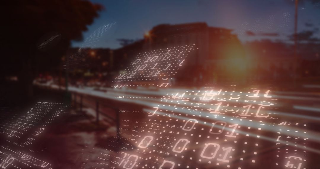 Binary Code Over Night Cityscape with Vehicle Light Trails