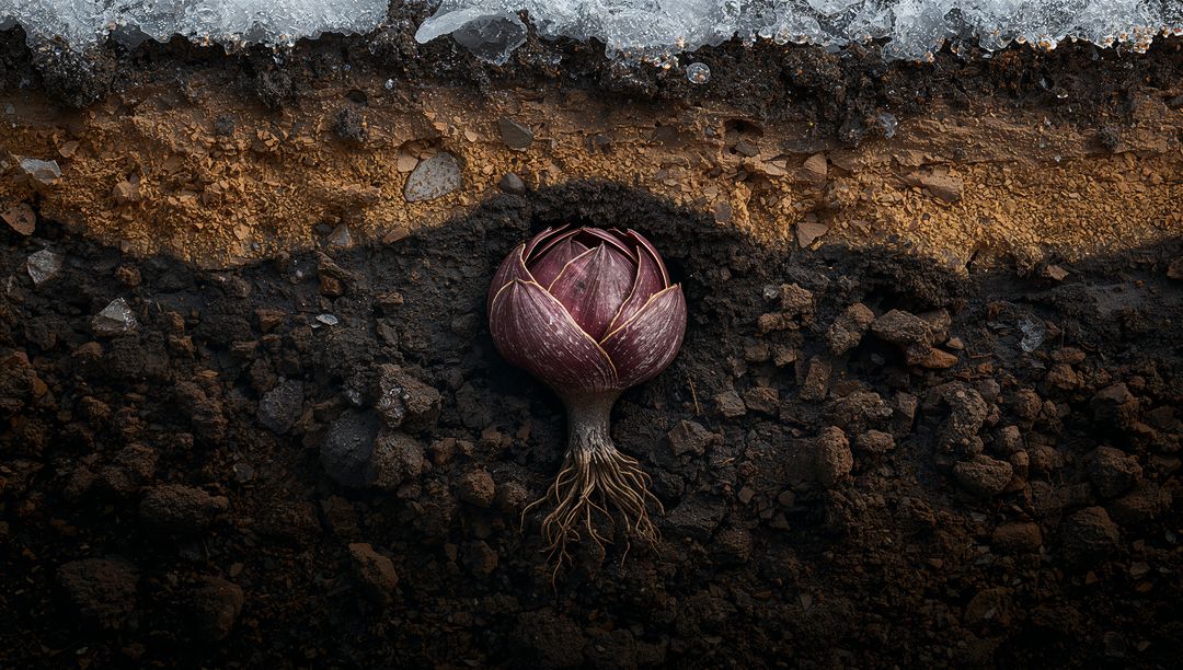 Purple Bulb Resting in Frosted Soil Cross-Section Showing Exposed Roots and Layered Earth