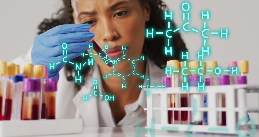 Female Scientist Analyzing Test Tubes with Digital Overlay