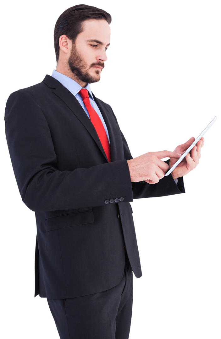 Transparent Businessman with Tablet Using Touchscreen Technology