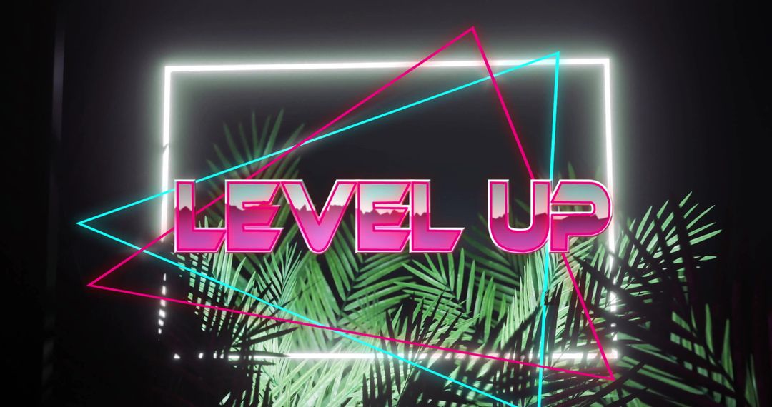 Neon LEVEL UP Sign Vibrant Glow with Palm Leaves