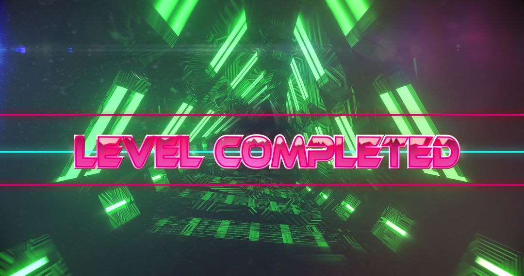 Futuristic Neon Level Completed Text in Digital Tunnel