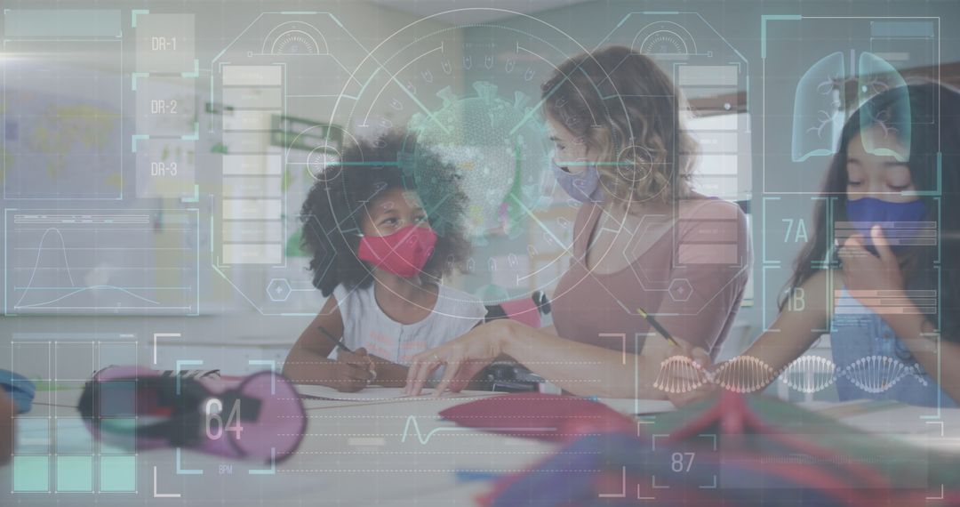 Female Teacher and Students Engaged in Science Education with Digital Interface