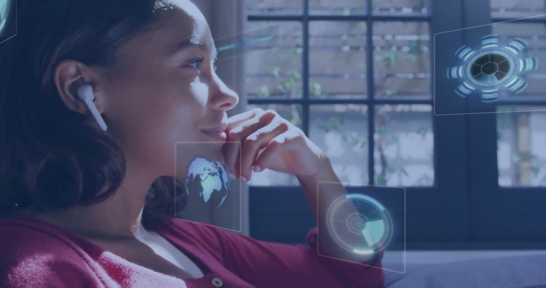 Young Woman Engaging with Holographic Technology Interfaces at Home