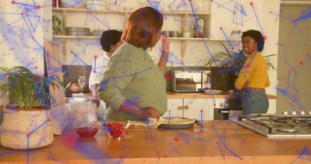 Multigenerational Women Prepping Pie at Rustic Kitchen Island with Data Overlay