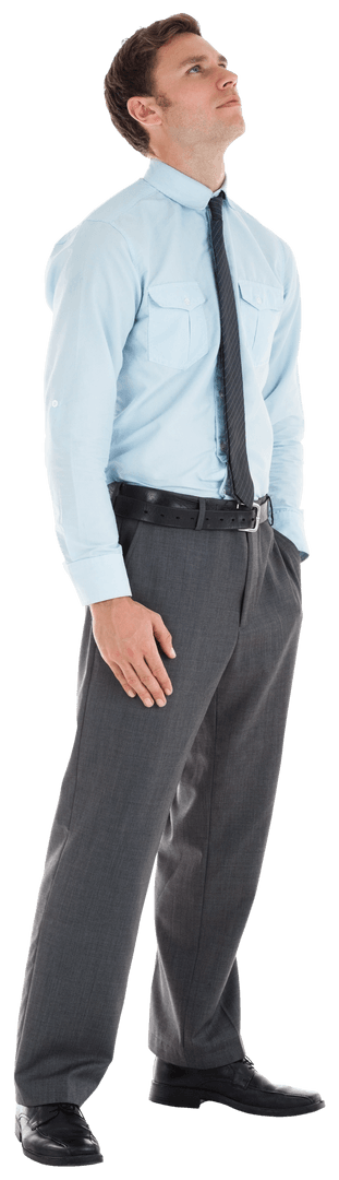 Transparent Serious Businessman in Formal Attire Staring Upward
