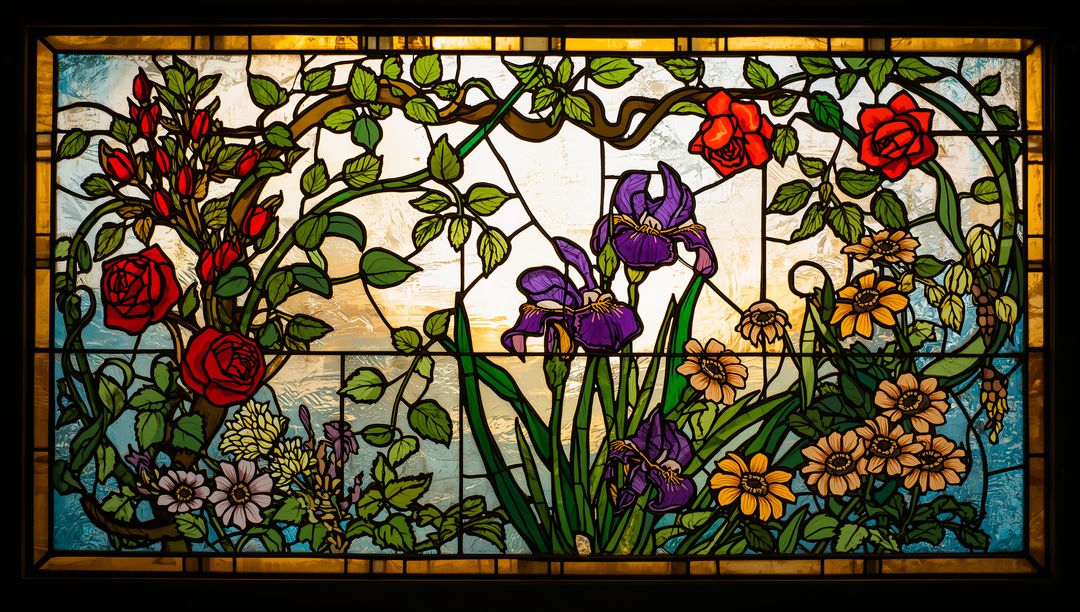Floral Stained Glass Window with Roses and Iris