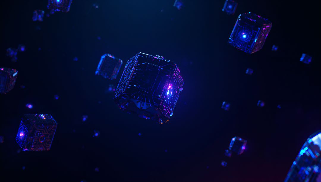 Digital Cubes with Neon Glow in Futuristic 3D Space