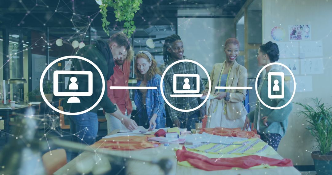 Diverse Team Collaborating in Modern Office with Technology Icons