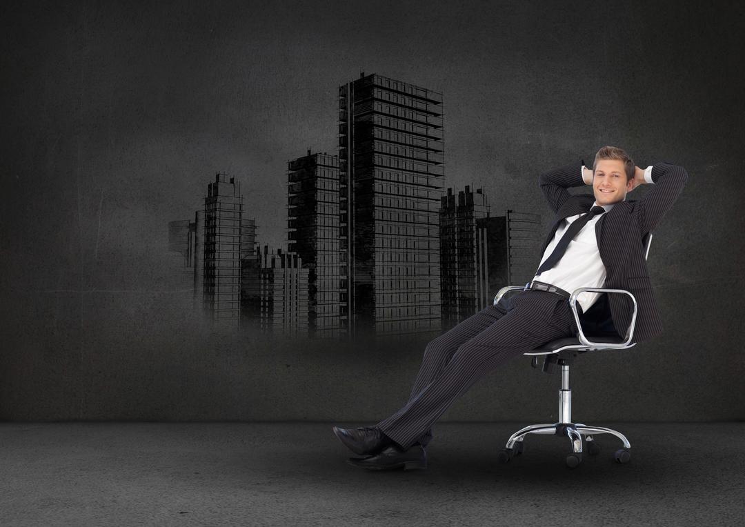 Businessman relaxing on chair against cityscape in background - Free Images, Stock Photos and Pictures on Pikwizard.com