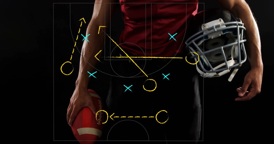 Football Player Holding Helmet and Ball with Strategic Play Sketch