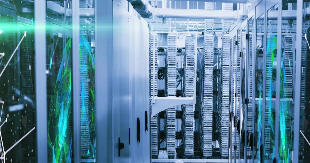 Modern Data Center with Futuristic Digital Overlay