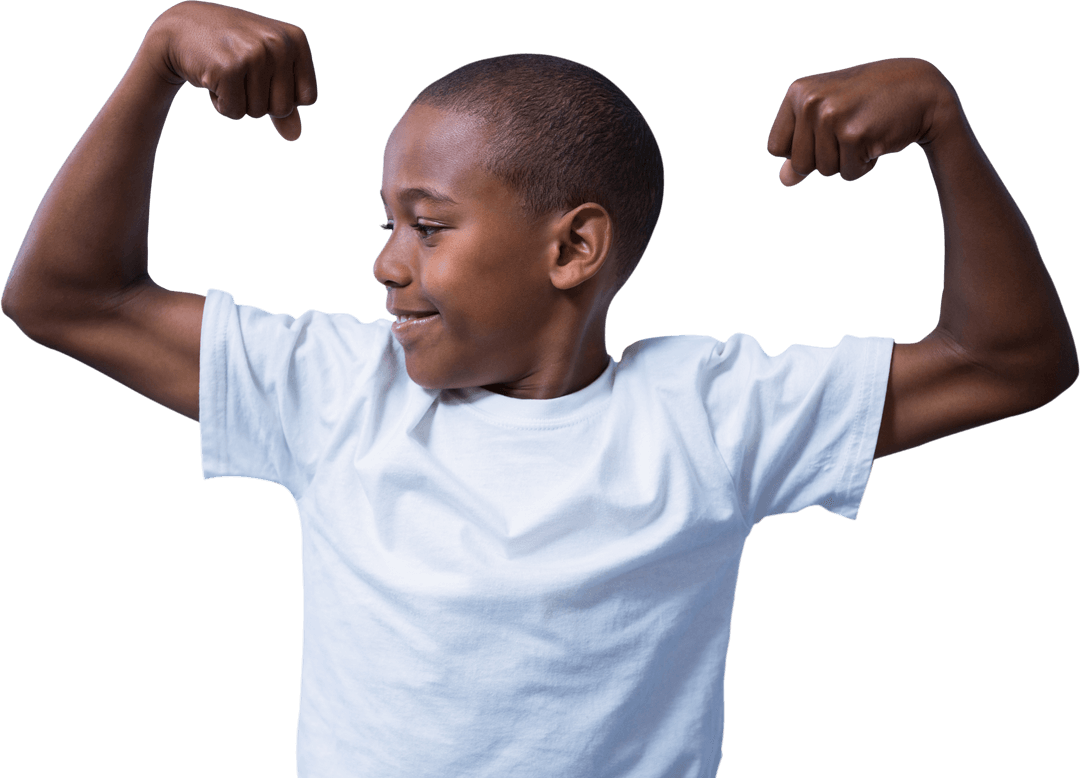 Confident African American Boy Flexing Muscles Transparent Background