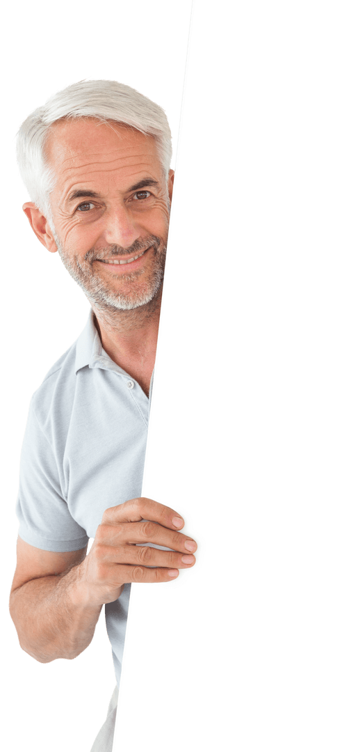 Senior Man Smiling While Holding Blank Transparent Poster