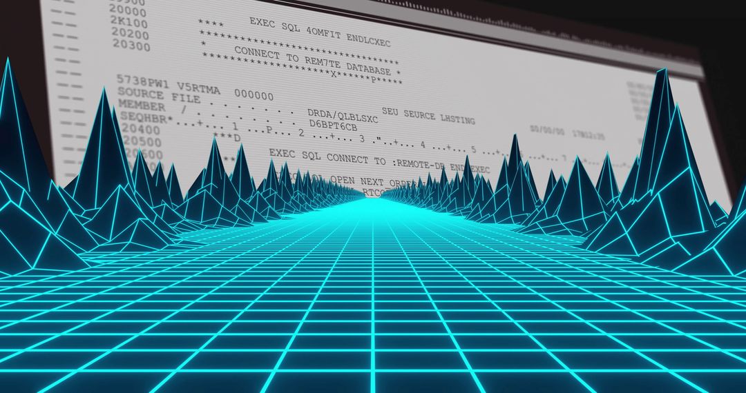 Futuristic Neon Grid with SQL Commands on Digital Interface