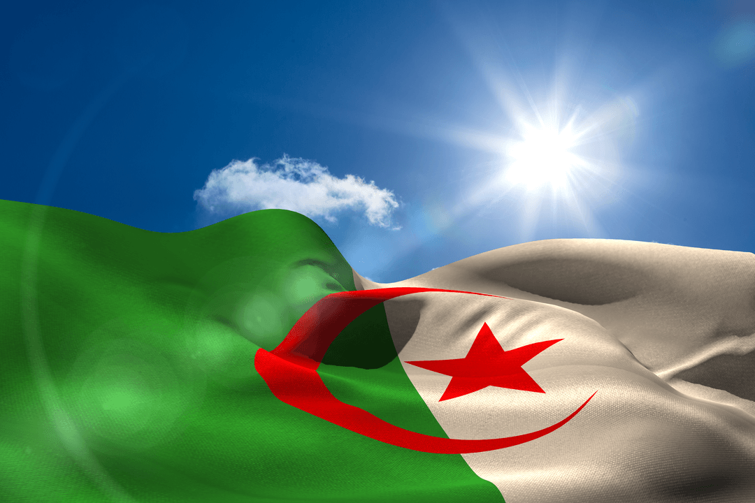 Patriotic Algerian Flag Waving Under Sun in Transparent Sky