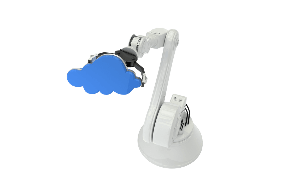 Transparent Robotic Arm Holding Blue Cloud Icon Digital Strategy
