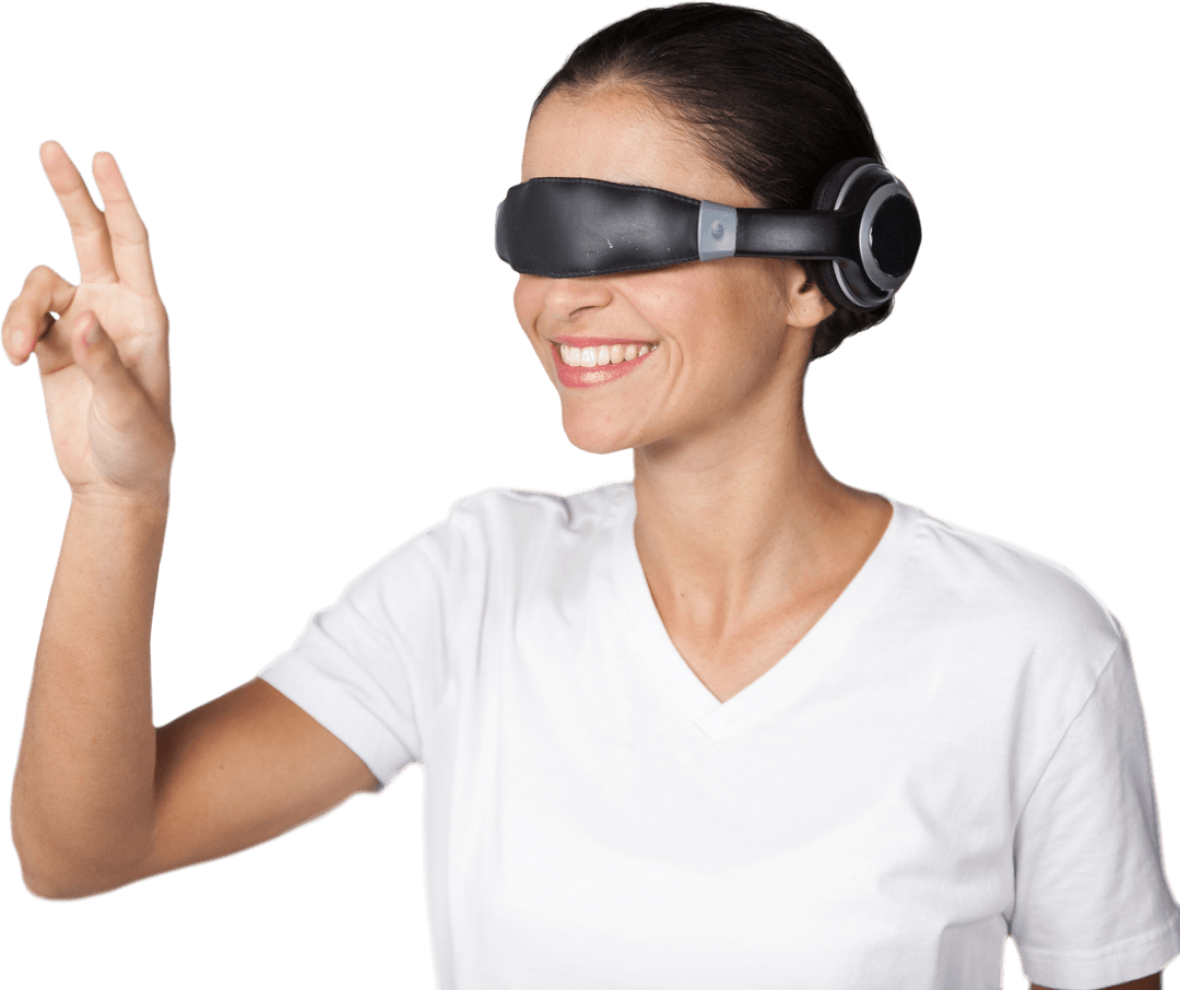 Woman Engaging with Virtual Reality Glasses on Transparent Background