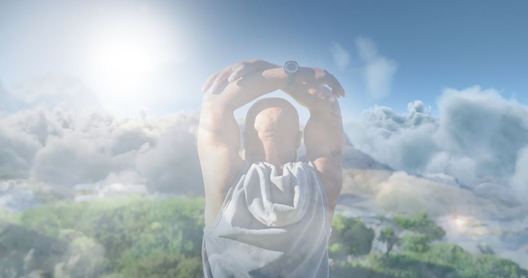 Senior Man Stretching with Dreamy Clouds Backdrop