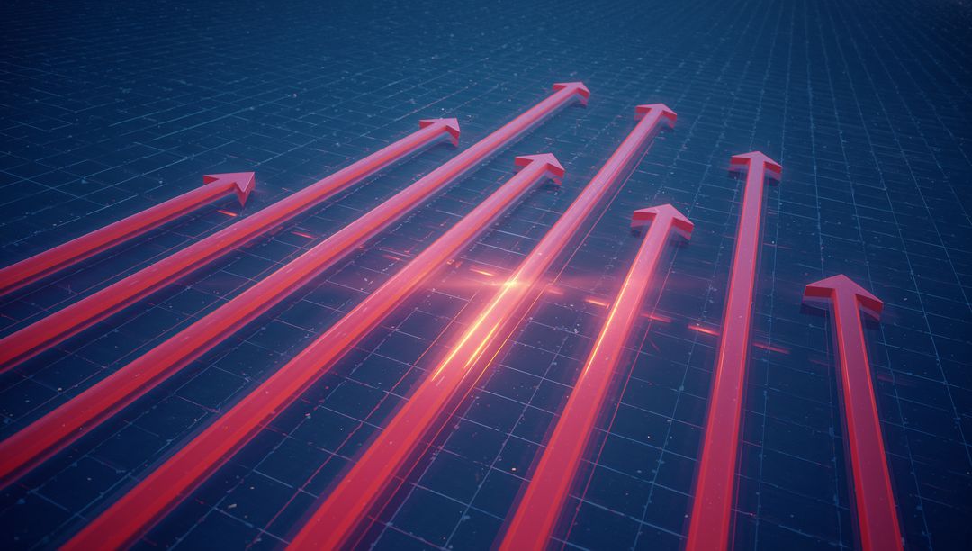 Converging Red Arrows on Digital Grid with Central Glow